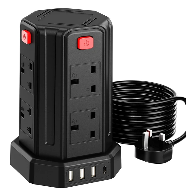 Tower Extension Lead with USB Slots 3m 13A 3250W 4 USB Ports and 8 Way Surge Pro