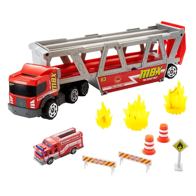 Matchbox Feuerwehrrettungswagen Spielset HHJ12 - Platz für 16 Autos, leicht lösbare Rampe, 8 Zubehörteile, Aufbewahrung - Autospielzeug für Kinder ab 3 Jahren