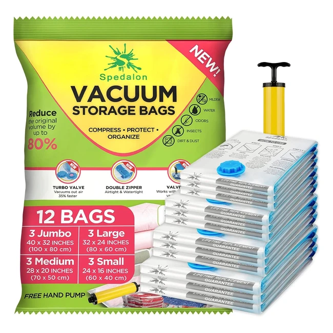 Vacuum Storage Bags Pack of 12 - Jumbo, Large, Medium, Small - Reusable with Free Hand Pump - Best Sealer Bags for Clothes, Duvets, Bedding