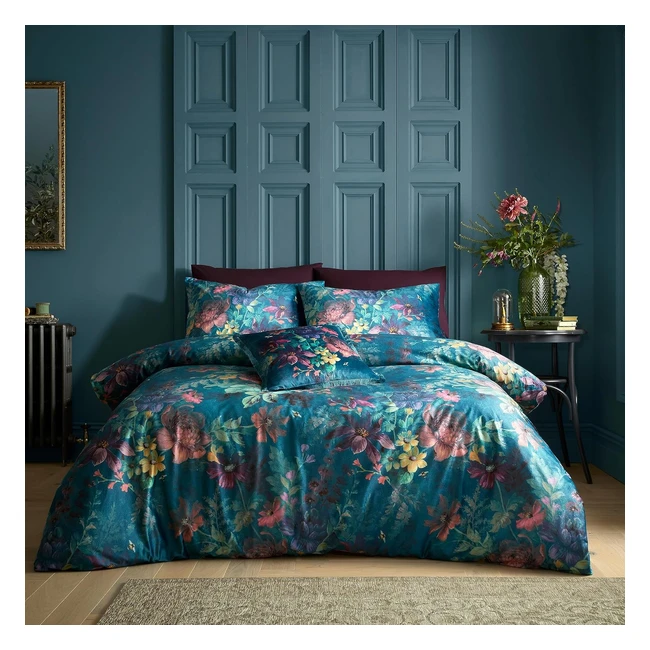 Bridgerton Romantic Floral Velvet King Duvet Set Teal | Catherine Lansfield | Recycled Polyester | Button Fastening