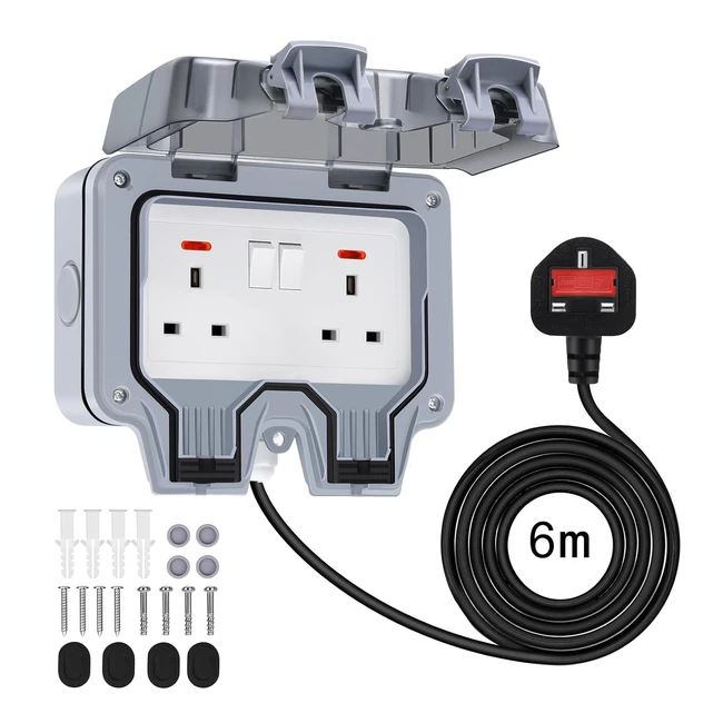 Powerole Double Outdoor Socket IP66 13A 2 Gang Switched Socket with 6m Waterproof Extension Lead