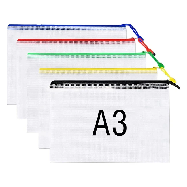 A3 Plastic Wallets 5 Pack - Mesh Zip File Document Folders - Waterproof