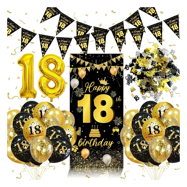 Décoration anniversaire 18 ans noir or - Bannière, confettis, ballon étoile, affiche photo