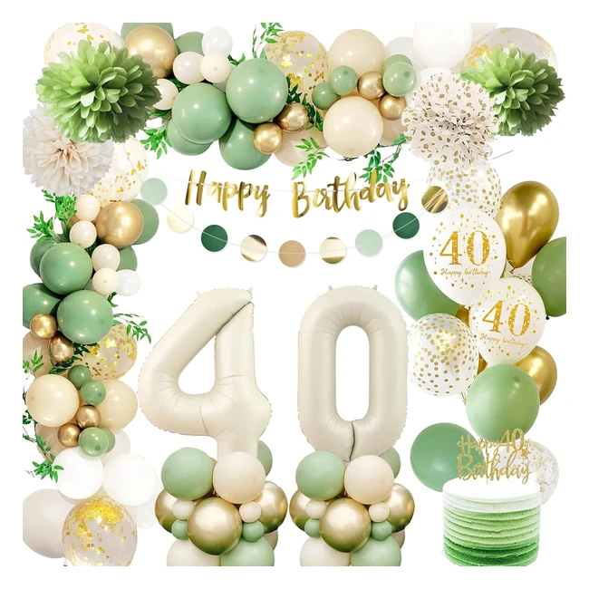 Conjunto Decoración 40 Cumpleaños Verde Oliva - Avocado y Crema - 40 Años - Fiesta Hombres y Mujeres