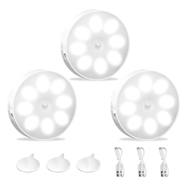 Veilleuse lot de 3 lampe LED USB rechargeable induction 6000K 8 LEDs blanc froid