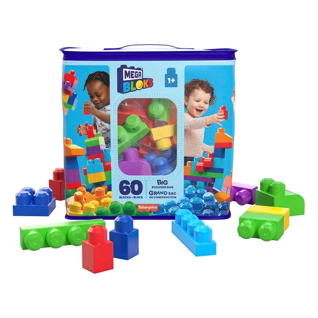 Mega Bloks Big Building Bag Set - 60 Colorful Blocks - Storage Bag - Ages 1+ - DCH55