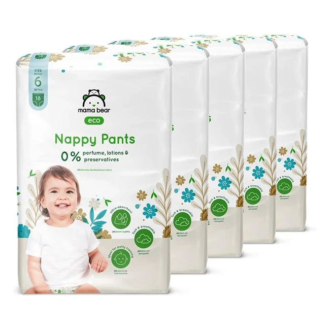 Amazon Brand Mama Bear Eco Nappy Pants Size 6 - 90 Count x 5 Packs - Ultra Absorbent - Dermatologically Tested