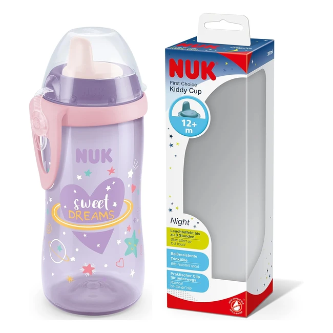 NUK Kiddy Cup Night Trinkflasche 300ml - Leakproof mit harten Trinktülle - BPA-frei - Herzen Lila 10255677