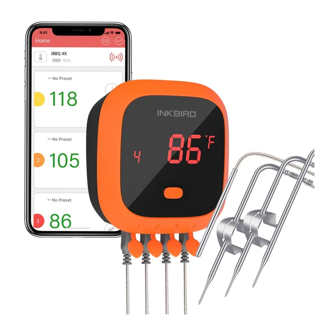 Inkbird Thermometre Barbecue IBT4XC Bluetooth Etanche - Sonde Temperature Cuisson Viande Rechargeable