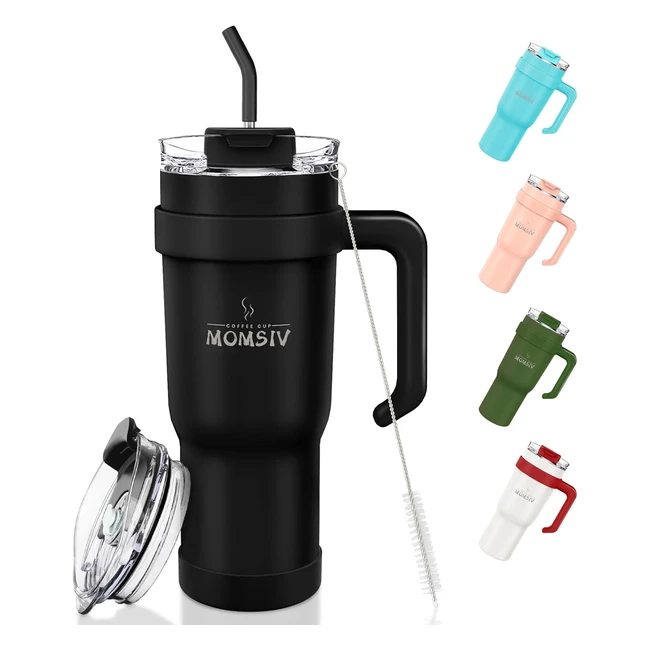 40oz Thermobecher mit Stroh und Griff - Momsiv 1100ml - Spülmaschinenfest - Doppelwandiger Edelstahl - Vakuum - Auslaufsicher - Isolierbecher - Autobecher - Schwarz