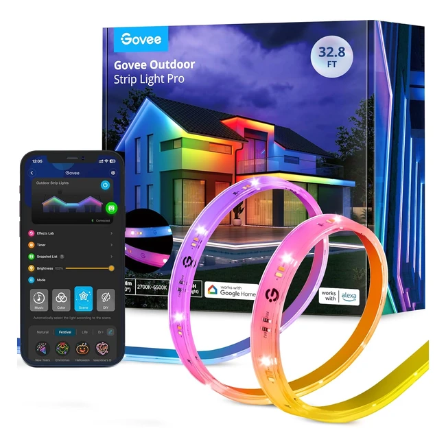 Govee Outdoor LED Strip 10m RGBIC Pro | Warm & Cold White | IP65 Waterproof | DIY Color App & Alexa Control