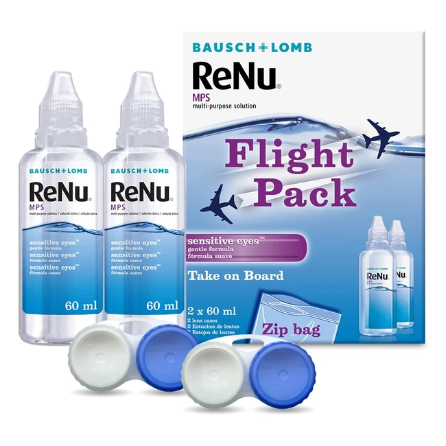 Renu Multipurpose Travel Contact Lens Solution 2x 60ml Flight Pack - Clean, Disinfect, Rinse, Lubricate - Lens Case Included