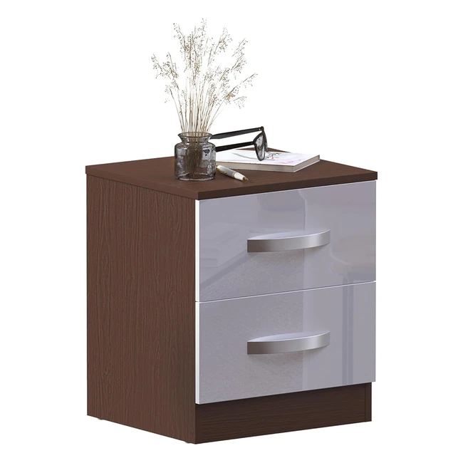 Mesita de Noche Alto Brillo Blanco/Nogal 47x40x36cm - Marca Amazon Movian