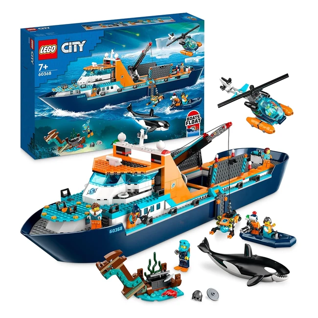 LEGO 60368 City Arctic Explorer Ship Large Toy Boat with Helicopter Sub Viking Shipwreck 7 Minifigures Orca Gift