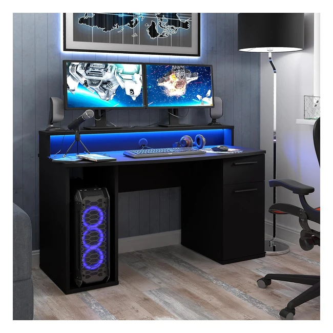 Forte Tezaur Gaming Schreibtisch mit RGB-Beleuchtung | Holzwerkstoff | Mattschwarz