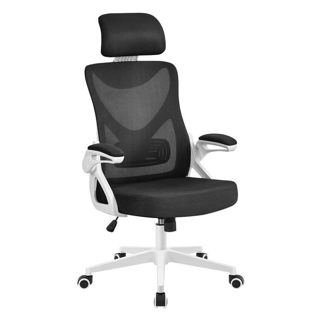 Yaheetech Ergonomischer Bürostuhl mit klappbaren Armlehnen, Schwenkstuhl mit Rückenlehne und verstellbarem Kopfstütze, max. Belastung 136 kg, Weiß/Schwarz