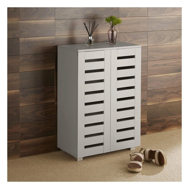 Home Source Oslo 2 Door Grey Wooden Shoe Storage Cabinet Rack Stand Cupboard White Slatted - Size W 60cm D 33cm H 87cm