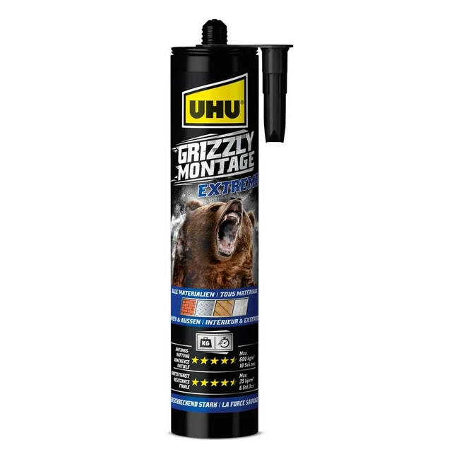 UHU Grizzly Montagekleber Extreme Kartusche - Super stark und schnell - Indoor & Outdoor - Weiß 435 g