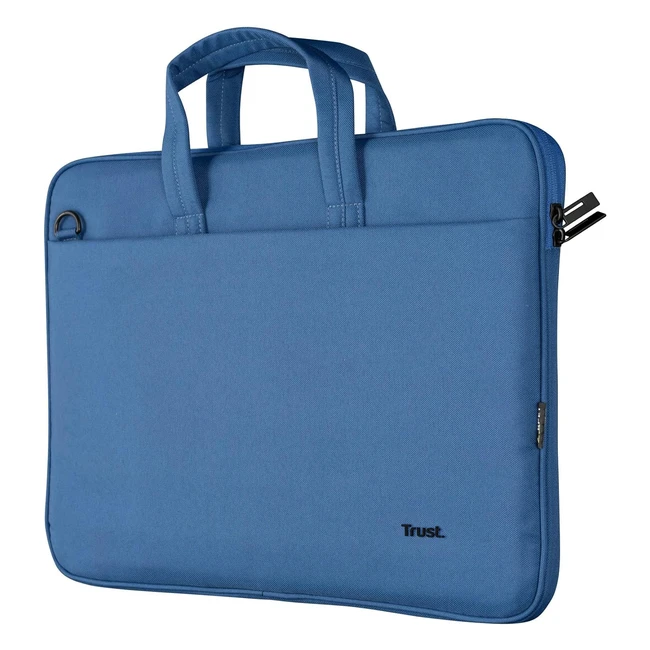 Trust Bologna Slim Laptop Eco Bag bis zu 16 Zoll aus recyceltem Kunststoff mit Schultergurt nachhaltige Schultertasche für Reisen Büro Schule blau