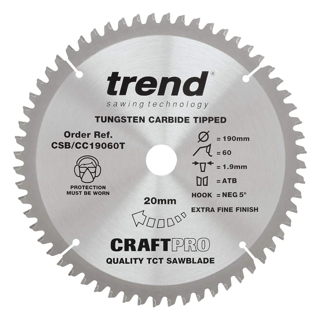 Trend CraftPro TCT Negative Hook Thin Kerf Crosscutting Mitre Saw Blade 190mm CSBCC19060T