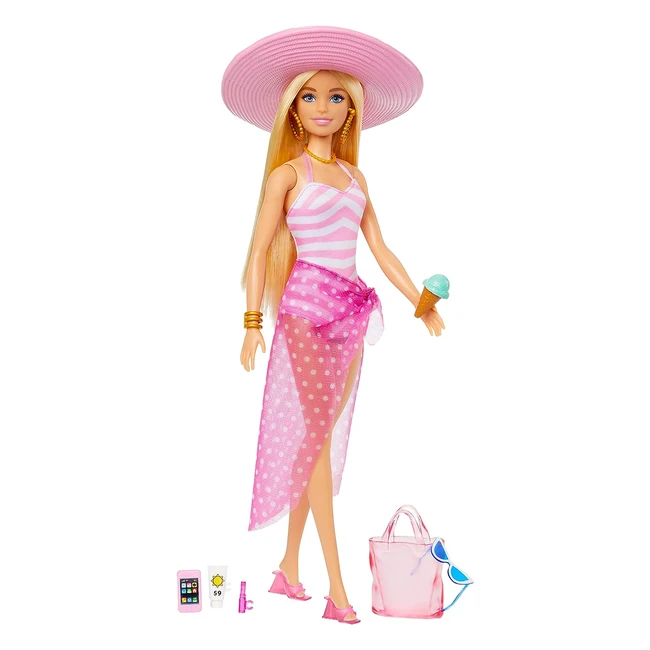 Barbie Plage HPL73 - Poupée Mannequin Blonde Maillot Bain Rose Blanc Chapeau Sac Accessoires