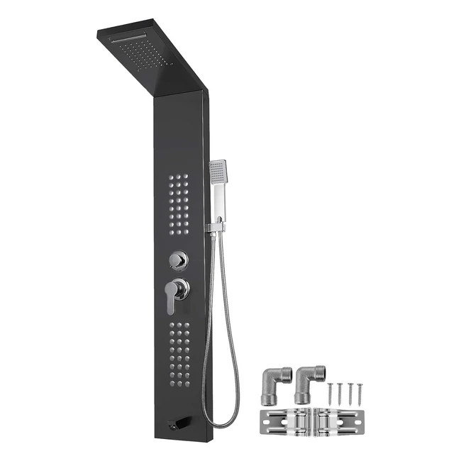 Columna Ducha Cascada Hidromasaje Aluminio Acero Inoxidable 5 en 1 Negro