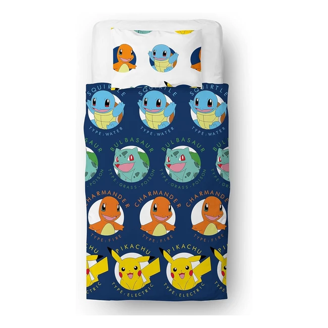 Pokemon Officially Licensed Single Kids Duvet Cover Set - Pikachu Bulbasaur Charmander Squirtle Design - Reversible 2 Sided Bedding - Childrens Single Bed Set