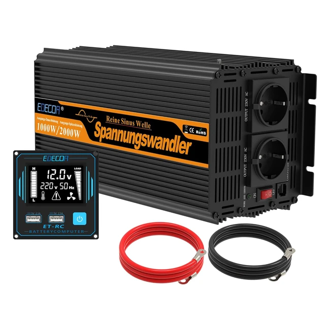 EDECOA Inversor 12V 220V Onda Pura 1000W - Transformador de Energa con Mando -