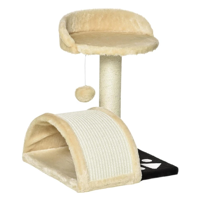 PawHut Cat Tree Scratching Post Kitten Activity Centre Climber Hanging Ball Beige - Multifunctional 2-Level Cat Tower with Sisal Rope Posts, Curved Board, Perches, and Toy