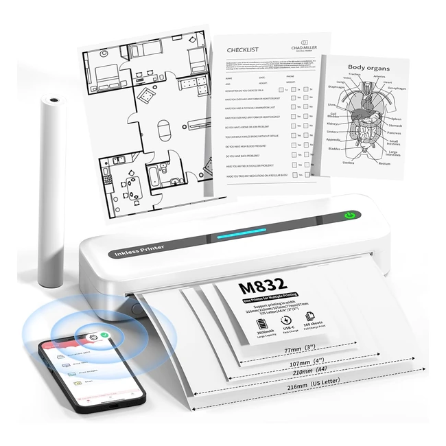 Imprimante thermique portable Itari M832 304 dpi pour iPhone et Android - Sans encre - Impression multitaille - Blanc