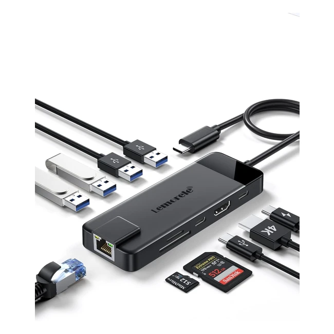 Lemorele Dock Station Hub 10en1 HDMI 4K 2 USB 30 Ethernet Gigabit PD 100W SDTF 
