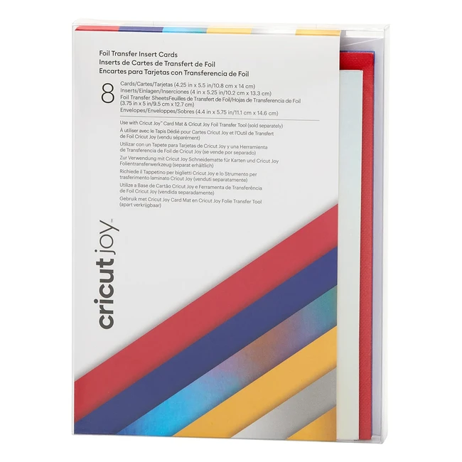 Cricut Joy A2 Foil Insert Card Celebration - 8 Cards, 4 Red, 4 Blue, 8 Inserts, 4 Silver Holographic, 4 Maize, 8 Foil Transfer Sheets, Easy to Cut Designs
