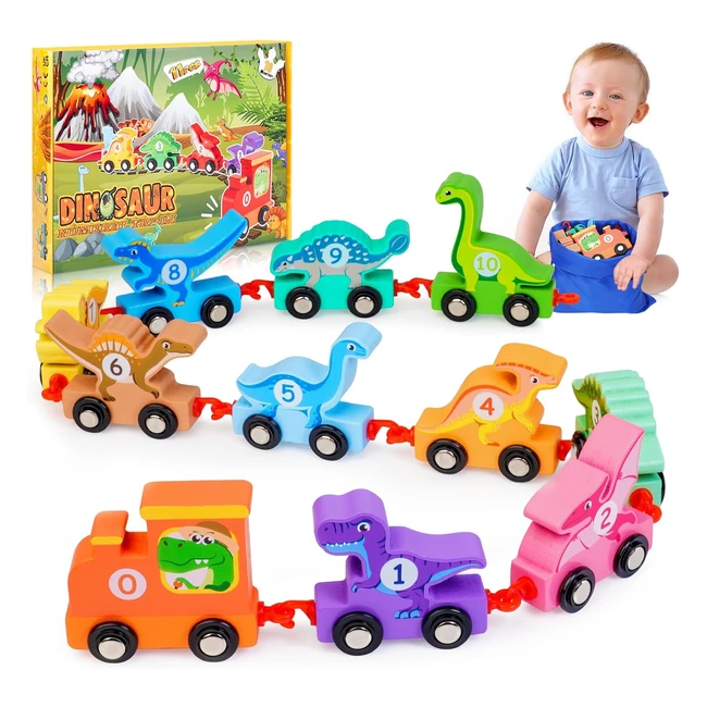 HappyKidsClub Wooden Dinosaur Train Set | Educational Toys for 1-4 Year Old Boys & Girls