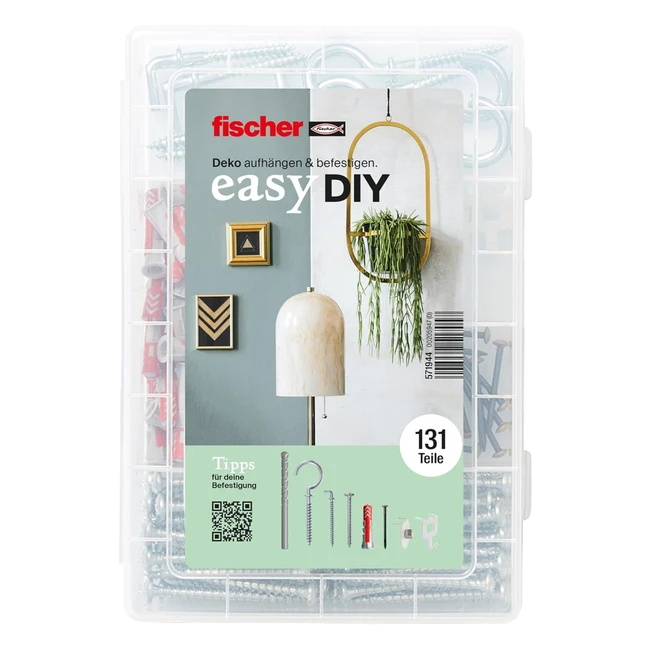 Fischer EasyDIY Dekorative Box Möbelbox mit Haken Schrauben Dübeln und mehr für DIY-Enthusiasten zur Befestigung kreativer Deko-Ideen vorsortierter Satz in Kunststoffbox 131 Teile
