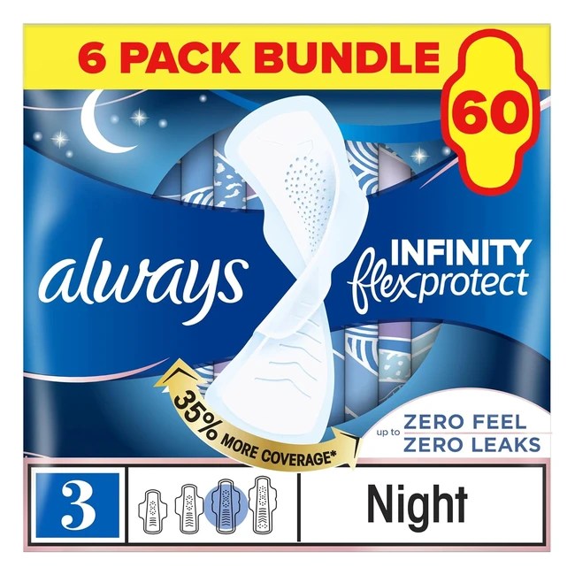 Always Infinity Night Sanitary Towels Wings Pads - Size 3 - Pack of 6 - 60 Pads