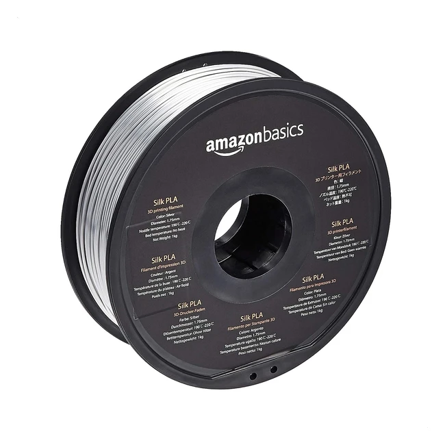 Amazon Basics 3D Drucker Silk PLA Filament 175 mm 1 kg Spule silberfarben - Ideal für Deko-Objekte & Bastelprojekte