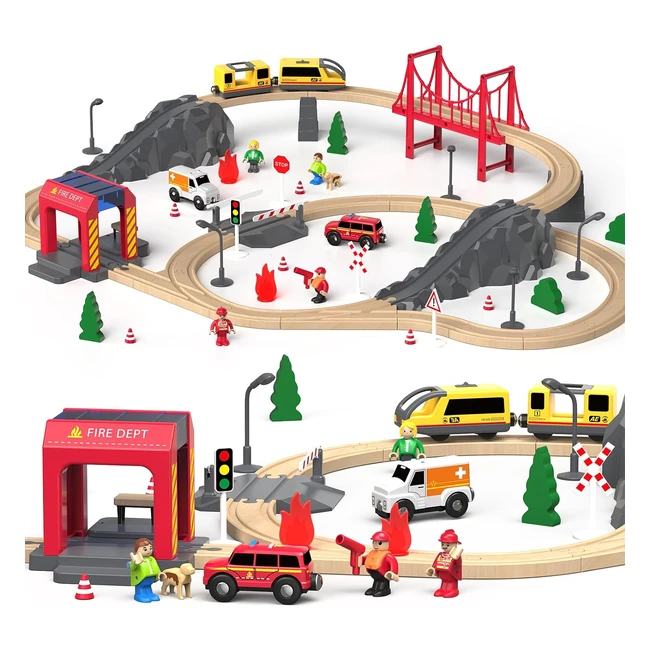 Giant Bean Wooden Train Set 72 Pcs - Model Train Set Toy for Kids Age 3-5 - Fire