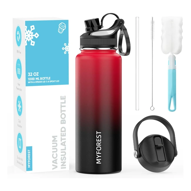 MyForest 1000ml Insulated Stainless Steel Water Bottle with Straw Lid - Keeps Ho