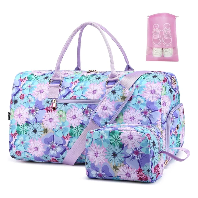 Purple Floral Womens Travel Duffle Bag - Shoe Compartment - Toiletry Bag - Hold
