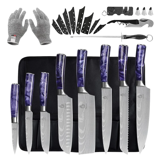 Set Coltelli da Cucina Fullhi 14pz Viola in Acciaio Inox Chef - Lama Laser - Man