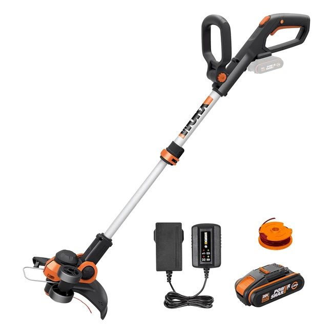 Worx WG163E1 20V Akku-Rasentrimmer inkl. Li-Ion Batterie, Ladestation, Spule, Sicherheitsschutz und Rad für Kanten schneiden 30 cm Schnittdurchmesser