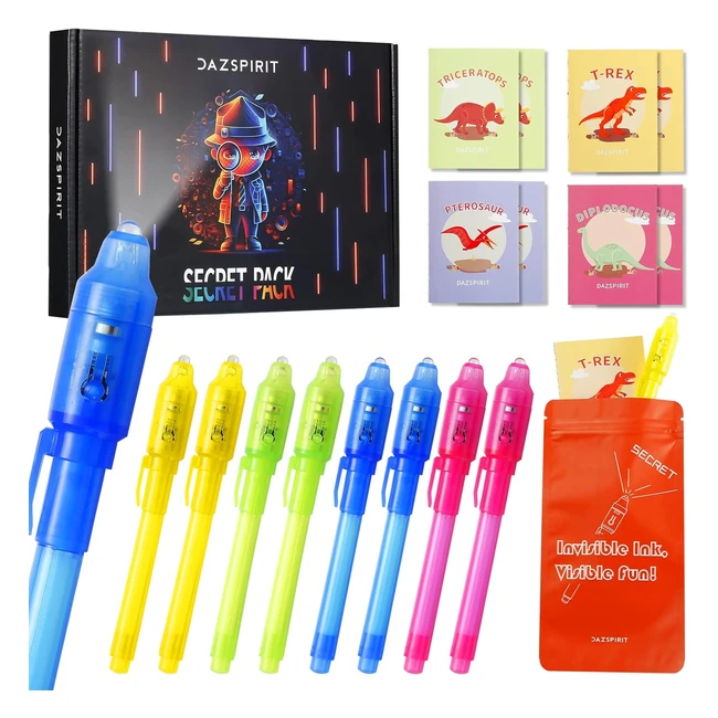 Dazspirit 8 Packs Invisible Ink Pens & Notebooks - Dinosaur Theme UV Light Spy Pens