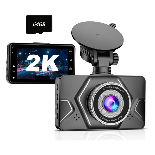 2K Ultra HD Car Camera with 64G SD Card 30 Inch Screen 170 Wide Angle Dash Cam for Cars - Night Vision Parking Monitor Motion Detection
