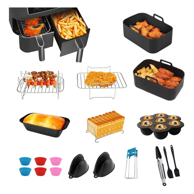 Air Fryer Accessories Set 12pcs for NinjaTowerInstant VortexSalter 7.6L/9.5L Dual Air Fryer - Silicone Liners, Racks, Gloves, Bread Pan & Tools