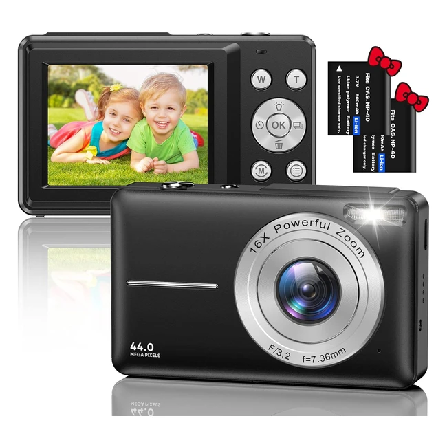 Appareil Photo Numrique Compact 1080p HD 44MP Enfant Rechargeable Zoom 16x Noi