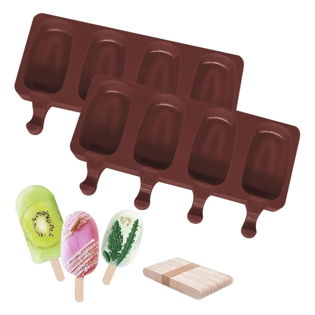 Moldes Helados 2 Unidades 4 Cavidades con 50 Palos Madera - Silicona Sin BPA - Saludable y Seguro