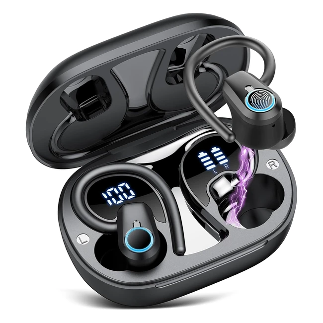 OYIB Wireless Earbuds Sport Bluetooth 53 Headphones CVC80 Noise Cancelling Mic 50H LED Display Earphones IP7 Waterproof Black