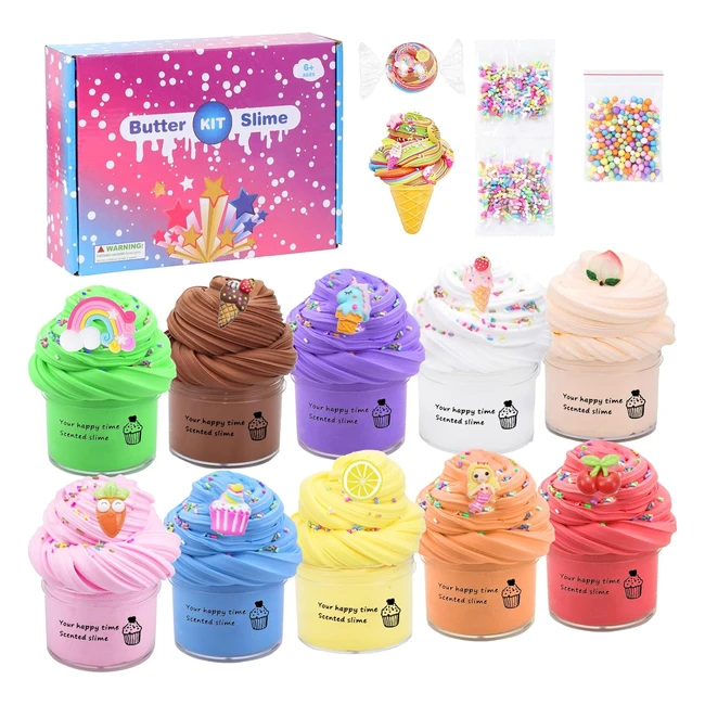 10 Pack Fluffy Butter Slime Kit - Nonsticky Slime Making Kit with Charms - Stres