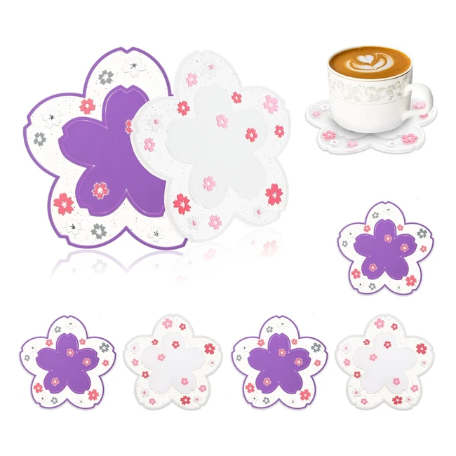 Set 6 sottobicchieri in silicone antiscivolo sakura viola e bianca