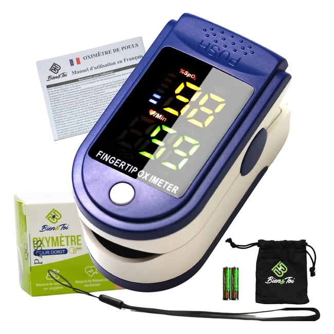 Oxymètre de Doigt Professionnel LED - Suivi Fréquence Cardiaque - Saturation Oxygène - Sac Transport - Piles Incluses